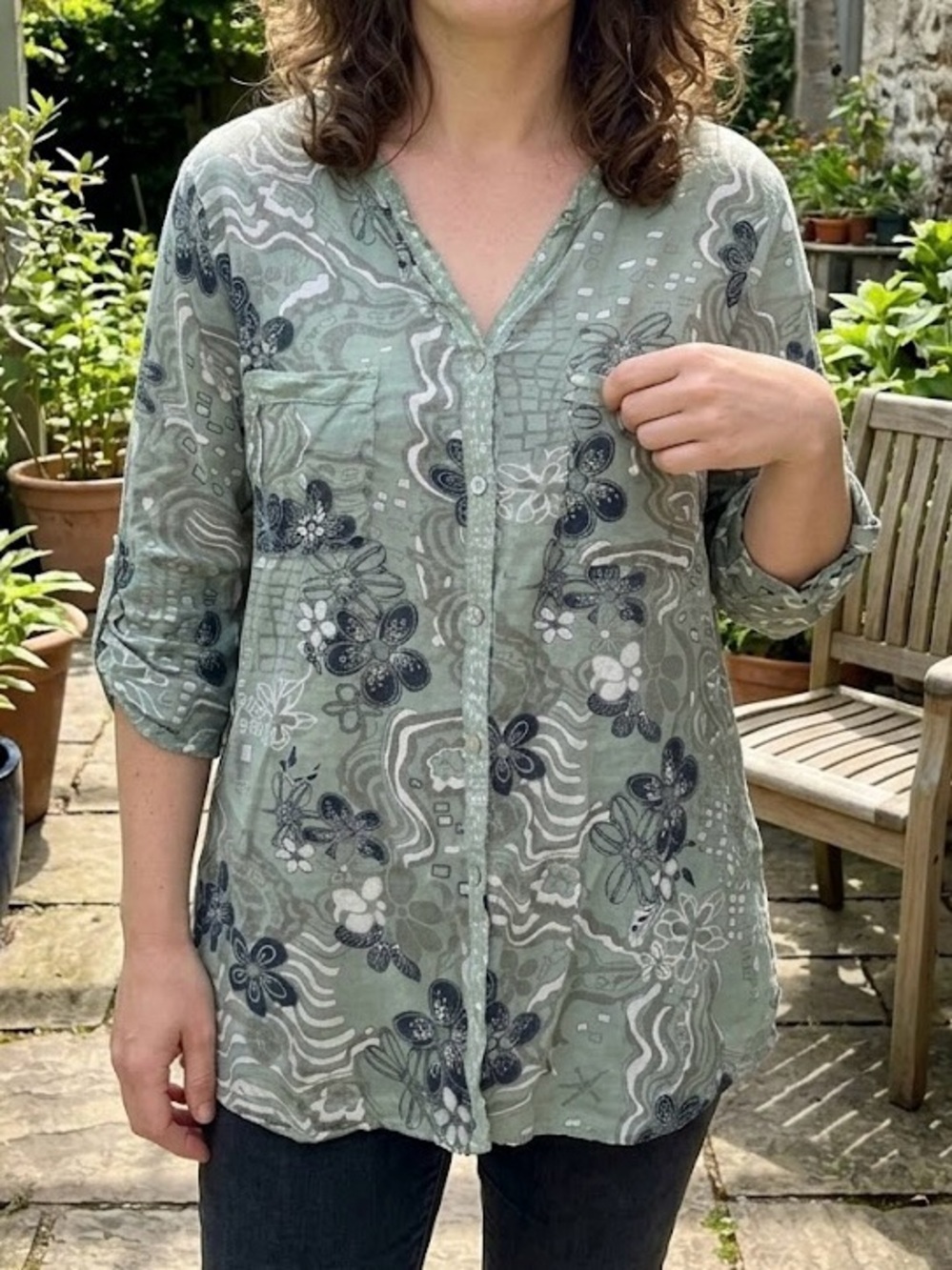 Froccella Italy Sage Green Floral Roll-Tab Button Down Tunic Top Lagenlook Linen
